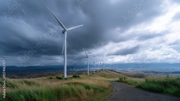 Obraz Wind Turbines on a Hilltop Under a Stormy Sky
