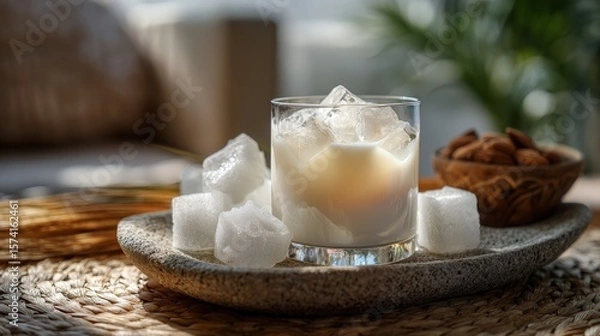 Obraz Creamy Almond Cocktail with Ice Cubes on a Sunlit Table