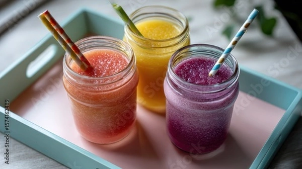 Obraz Three Colorful Fruit Smoothies in Mason Jars on a Pink Tray
