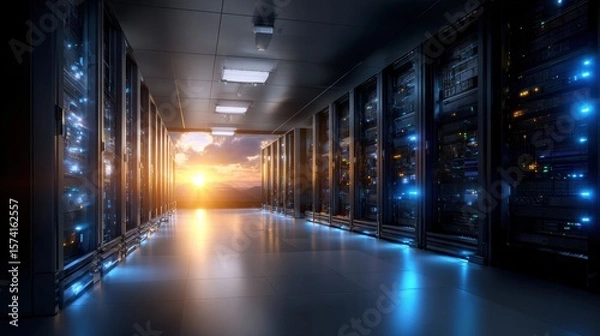 Obraz Modern Data Center Server Room with Sunset View