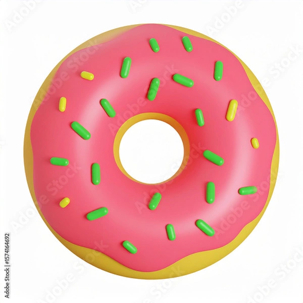 Fototapeta A delectable 3d rendered image of a vibrant and delicious donut with pink frosting and colorful sprinkles against a clean white background.