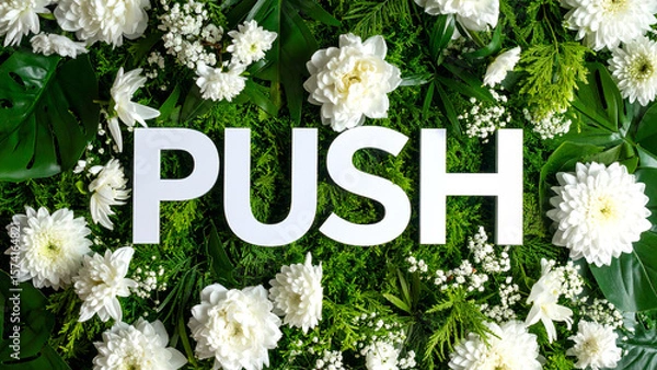 Obraz PUSH Text in Dynamic Minimalist Style – Realistic Typography with Green Tropical Floral Leaves