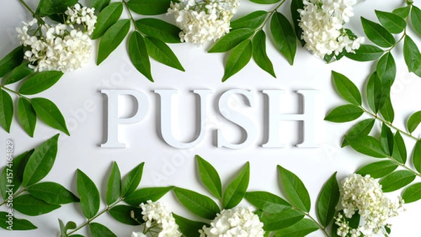 Obraz PUSH Text in Dynamic Minimalist Style – Realistic Typography with Green Tropical Floral Leaves