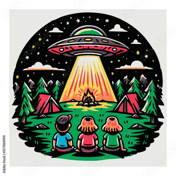 Fototapeta Colorful Cartoon Scene of Kids Watching UFO in Forest at Night