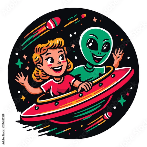 Fototapeta Cartoon Children Discover Aliens and Crystals in a Colorful Space Adventure