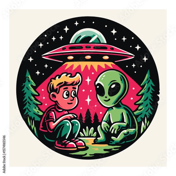 Fototapeta Colorful Cartoon UFO in Cosmic Space Scene with Stars and Planets