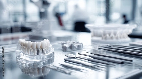 Fototapeta Detailed view of dental tools and instruments alongside a 3D printer producing a dental implant, highlighting advanced dental technology