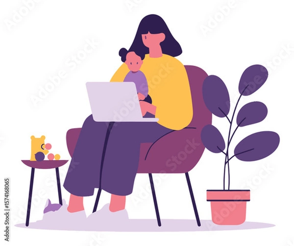 Fototapeta Mother with Child Working on Laptop in Cozy Home Environment