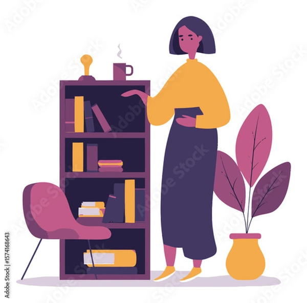 Fototapeta Modern Flat Vector Illustration of Woman with Bookshelf and Decor