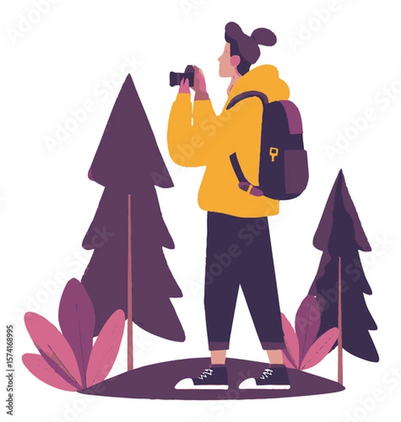 Fototapeta Person Holding Camera in Nature with Backpack and Trees Illustration