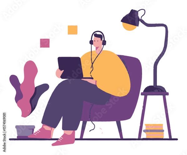Fototapeta Cozy Home Workspace with Person Using Laptop and Headphones
