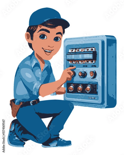 Fototapeta Young Cartoon Electrician Adjusting Control Panel with Manual Tools