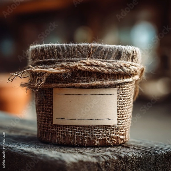 Fototapeta Burlap Sack with Blank Label, Rustic Packaging, Organic Product, Mockup, Natural Light
