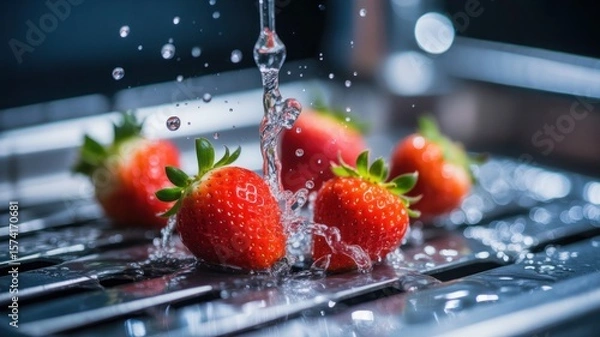 Obraz Fresh strawberries being washed under a stream of clear water in a sink
