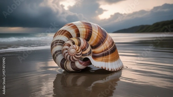 Obraz Exquisite spiral seashell resting on a wet sandy beach with gentle waves