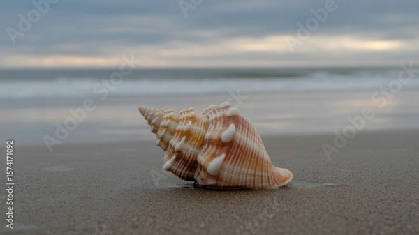 Obraz Single seashell resting on wet sand with blurred ocean and cloudy sky background
