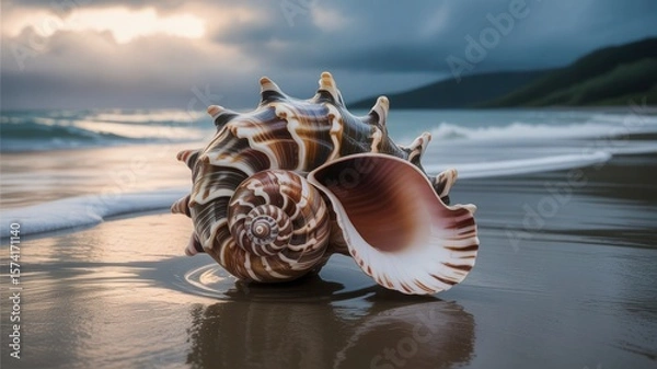 Obraz Exquisite spiral seashell resting on a wet sandy beach with gentle waves