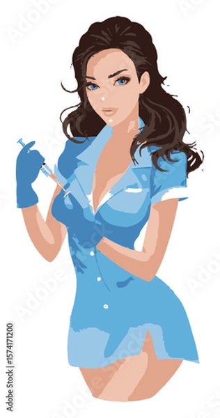 Fototapeta Cartoon Nurse Character Holding Syringe in Blue Uniform Vector Art