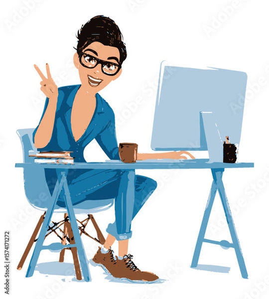 Fototapeta Happy Young Woman Working at Desk with Computer in Modern Office