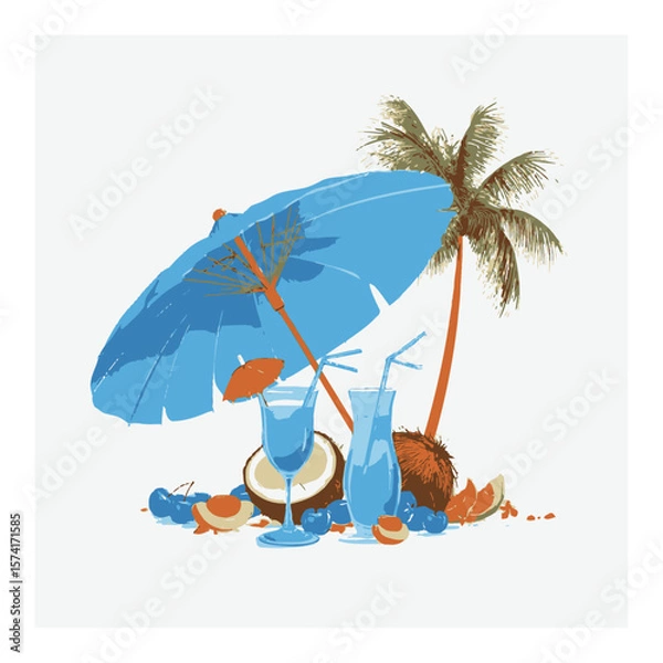 Fototapeta Tropical Drinks Under Blue Umbrella with Palm Tree and Fruit