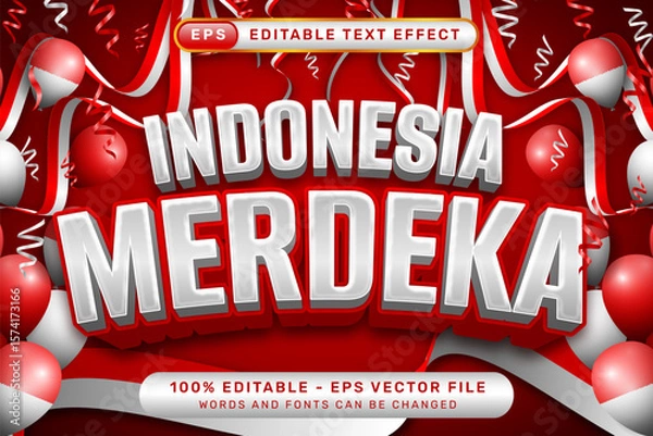 Fototapeta indonesia merdeka 3d text effect and editable text effect with red and white balloon Indonesian red and white flag
