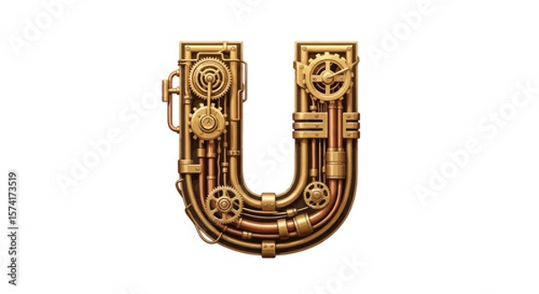 Fototapeta Vector steampunk letter u alphabet design mechanical typography vintage style font with gears and pipes art