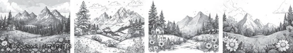 Fototapeta Mountain Landscape Vector Set. Hand-drawn Scenes With House and Trees.