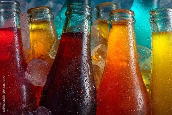 Fototapeta Colorful Soda Bottles in Ice with Condensation, Refreshing Summer Drinks, Cold Beverages