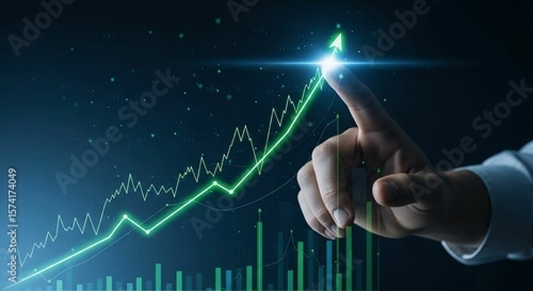 Fototapeta Businessman hand pointing finger to growth success finance business chart of metaverse technology financial graph investment diagram on analysis stock market background with digital economy exchange.