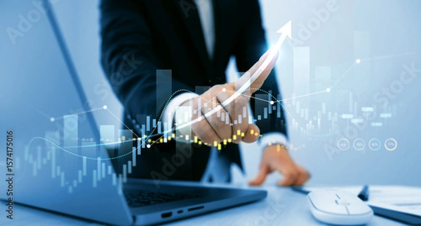 Fototapeta Businessman draw growth graph and investment analysis.Analysis finance grow graph and market investment. Financial business plan,earnings,sale and strategy. Stock market chart, exchange financial grow