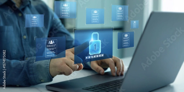 Fototapeta Documents confidentiality,cyber security protection concept. Software for security, searching and managing corporate document and employee information.Protecting herself from cyber attacks. 