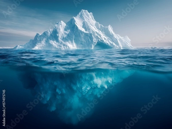 Fototapeta Majestic Iceberg Split View: Above and Below the Arctic Ocean's Surface Depicts the Unseen Beauty Beneath, A Stark Reminder of Climate Change