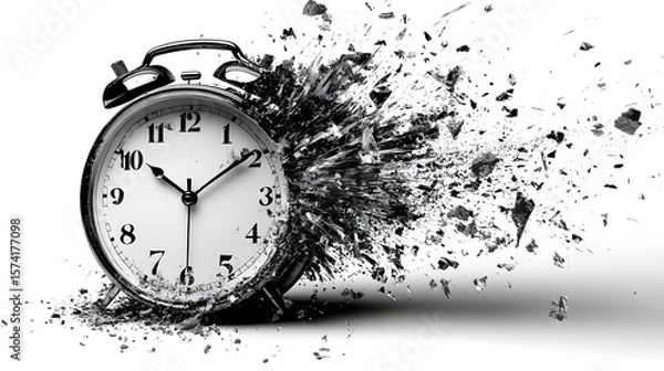 Fototapeta Shattered Classic Alarm Clock Representing Time Concept in Black and White