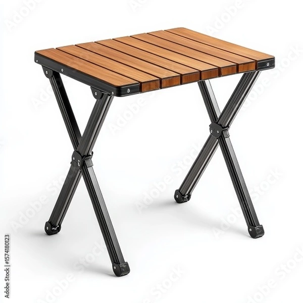 Obraz A compact, foldable wooden table with black metal X-shaped legs, ideal for portable use or small spaces.