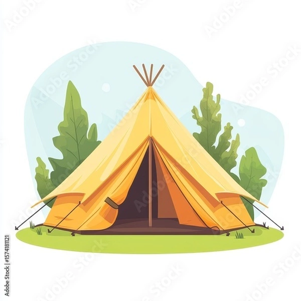 Obraz A yellow camping tent set up on grass with trees in the background, ready for outdoor adventure and nature exploration.