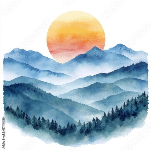 Obraz Watercolor painting of layered blue mountains with dense pine forests beneath a large, warm-toned sun in a misty, serene landscape.