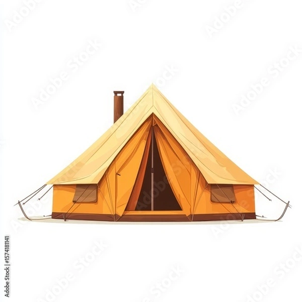 Obraz Illustration of a yellow and orange camping tent with an open entrance and secured ropes, ready for outdoor adventure.