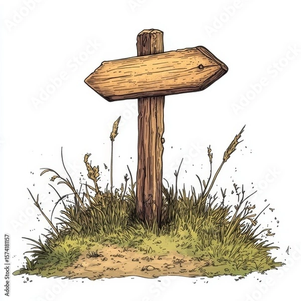 Obraz A wooden directional signpost stands in a grassy patch with wild plants, pointing to the right on a white background.