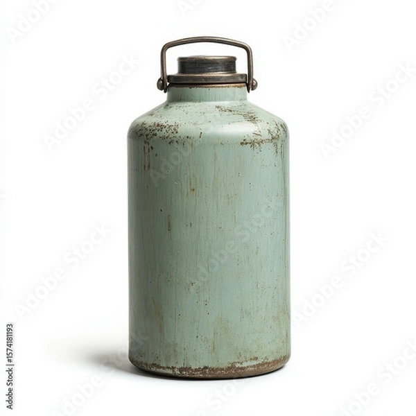 Obraz A vintage, weathered metal canister with a handle and a screw-on lid, displaying signs of rust and wear against a white background.