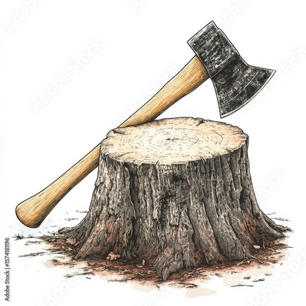 Obraz A detailed illustration of a tree stump with an axe embedded in its cut surface, symbolizing woodcutting or forestry work.