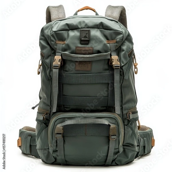 Obraz Durable green hiking backpack with multiple compartments, straps, and padded shoulder and waist belts for comfortable outdoor adventures.