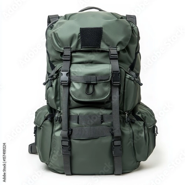 Obraz A rugged green tactical backpack with multiple compartments and adjustable straps, designed for outdoor activities and heavy-duty use.