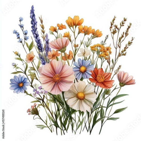Obraz A vibrant bouquet of various wildflowers including pink, blue, orange, and white blooms with green stems and leaves, illustrated in a delicate, detailed style.