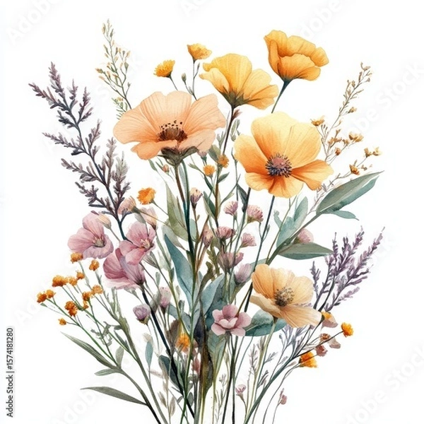 Obraz A delicate bouquet of watercolor wildflowers in soft oranges, pinks, and purples with green leaves, featuring a natural, airy composition on a white background.