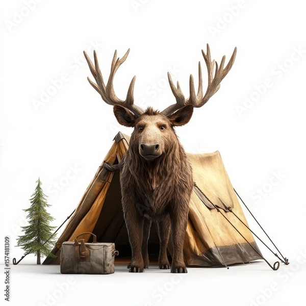 Obraz A realistic moose stands in front of a camping tent with a small tree and a bag nearby, set against a white background.