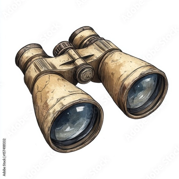 Obraz Vintage binoculars with a weathered, textured finish and large lenses, drawn in a detailed, hand-sketched style on a white background.