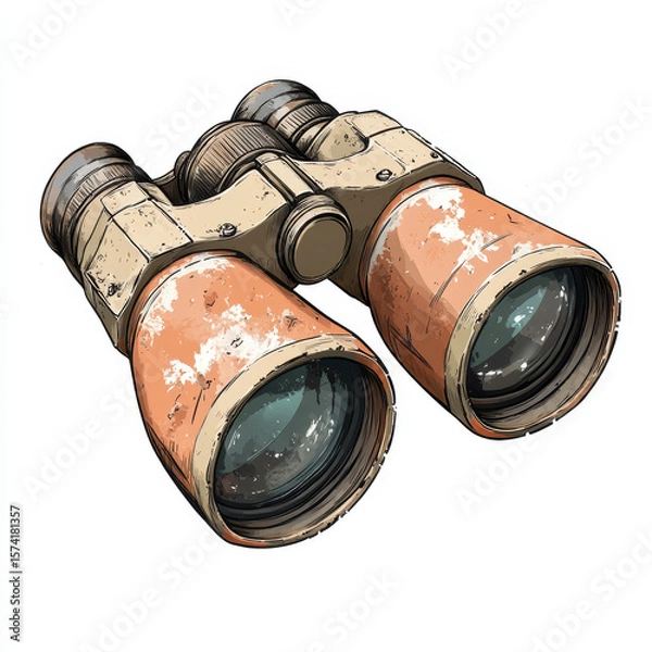Obraz A detailed illustration of vintage binoculars with a weathered, rustic look and large lenses, used for distant viewing.