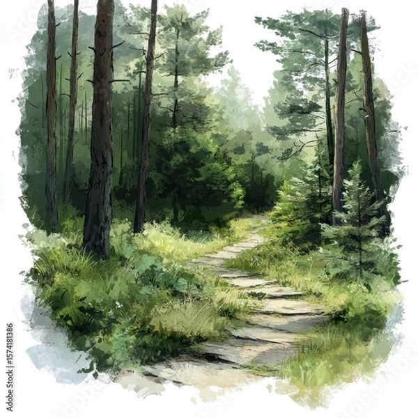 Obraz A peaceful forest path winds through tall pine trees and lush greenery, evoking a serene and natural woodland atmosphere.