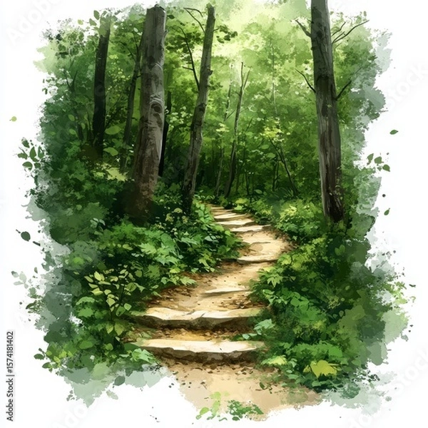 Obraz A serene forest path winds upward through lush greenery and tall trees under soft, natural light.