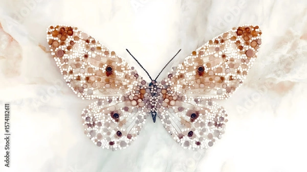 Obraz abstract watercolor featuring circular polka dots shades brown pearl white soft tones arranged beautifully winged butterfly background showcases luxurious marble texture layered elegance